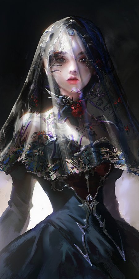 暗黑哥特风少女面纱花卉装饰紫蓝幻想艺术手机壁纸