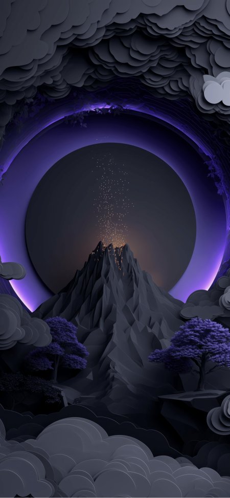 暗黑火山喷发紫光环绕深紫蓝调奇幻插画手机壁纸