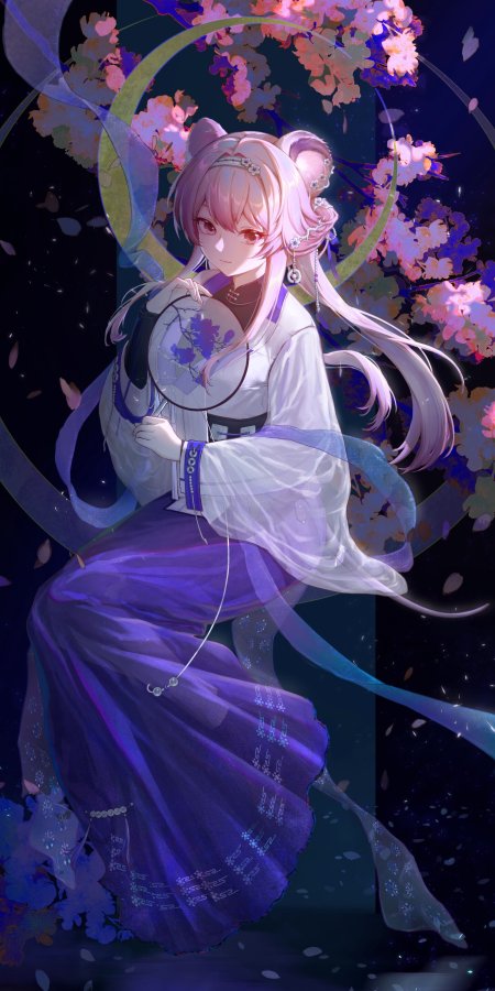 崩坏星穹铁道青雀樱花月下持扇少女紫白古风动漫手机壁纸