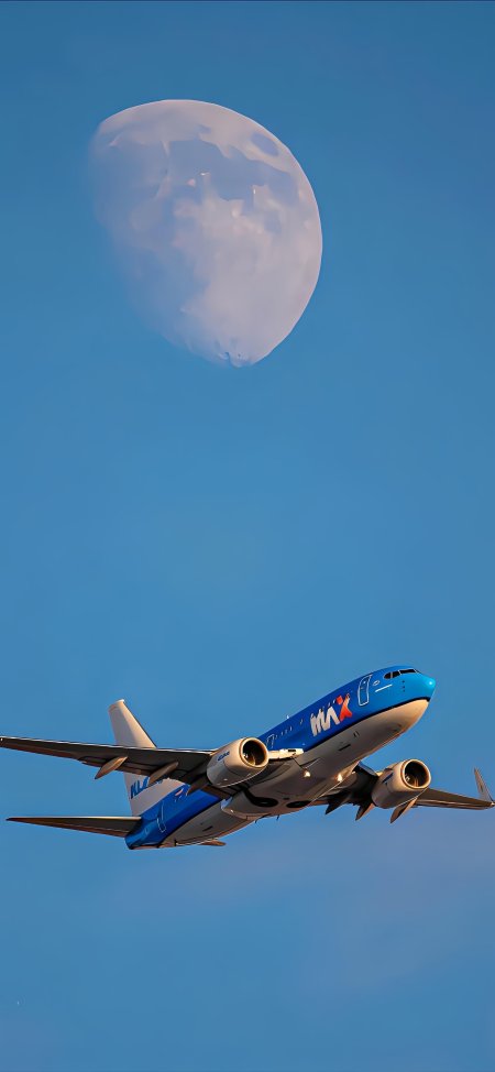 波音737MAX蓝白涂装客机仰角飞行背景满月湛蓝天空飞机手机壁纸