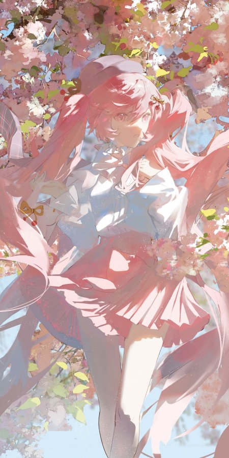 初音未来樱花树下双马尾少女粉白梦幻动漫手机壁纸