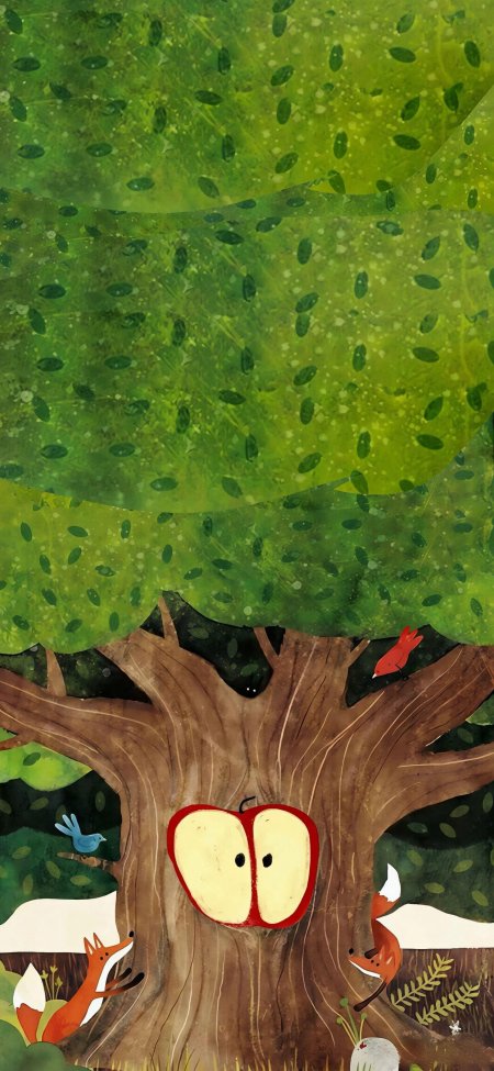 大树树干嵌苹果脸狐狸小鸟环绕绿意盎然插画卡通手机壁纸