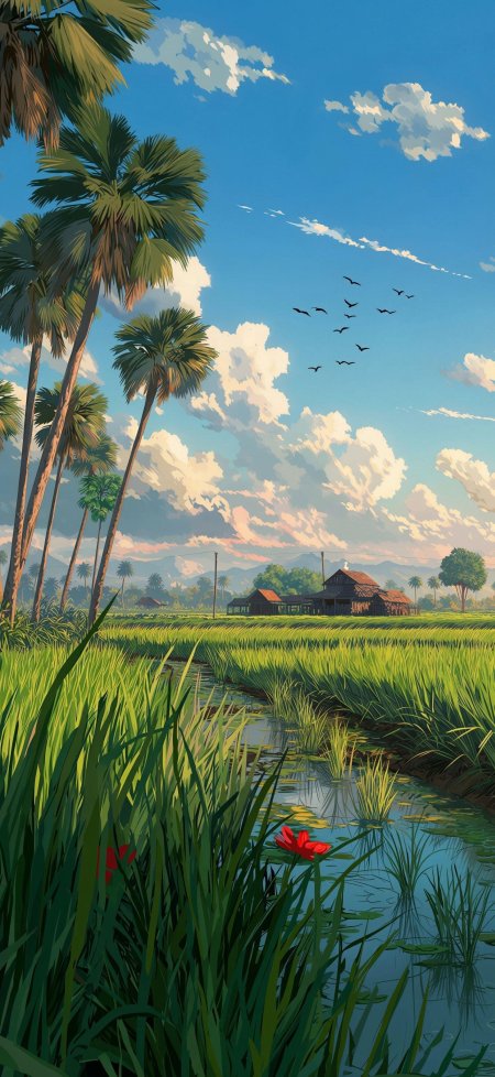 稻田水渠红莲点缀绿意盎然蓝白天空飞鸟成群插画手机壁纸
