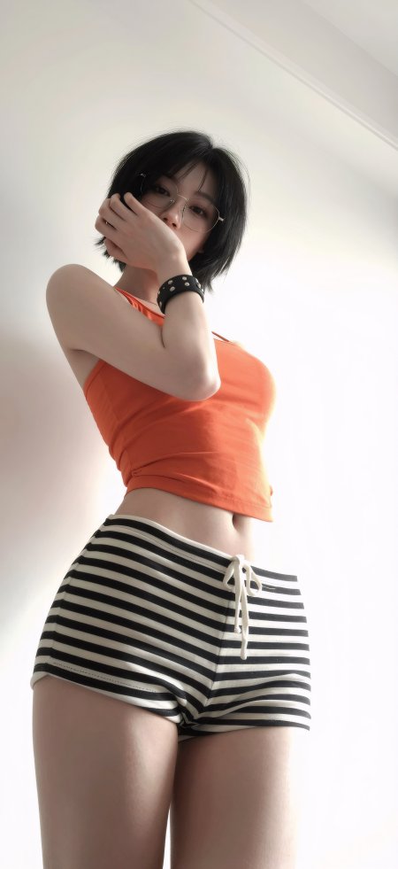 短发黑发戴眼镜美女橙色短上衣黑白条纹短裤暖白人物摄影手机壁纸