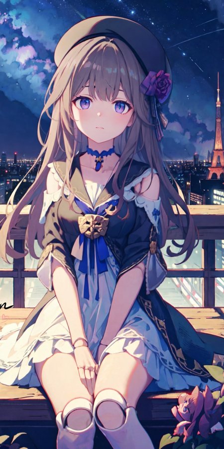 动漫少女夜景巴黎铁塔蓝紫梦幻二次元手机壁纸