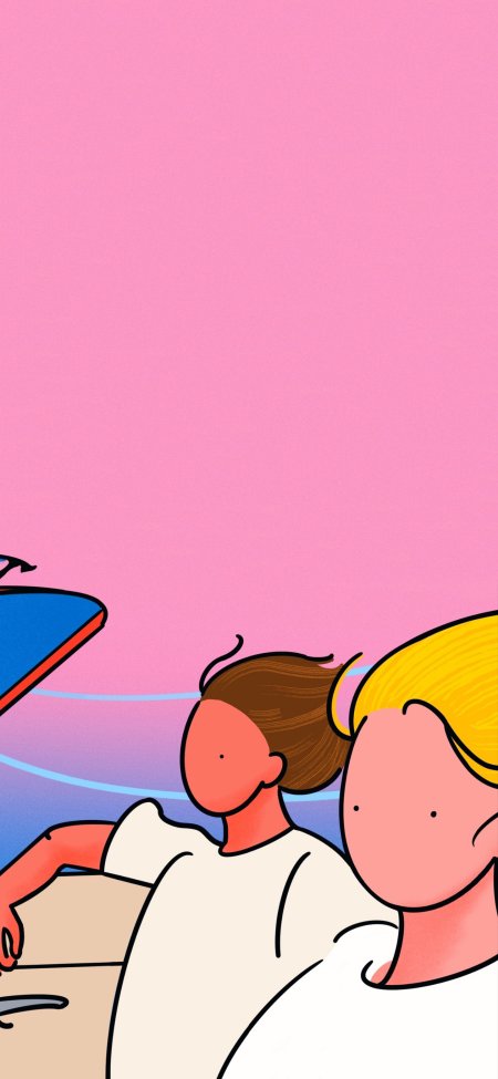 粉背景双人简约插画风格少女与少年侧影粉紫动漫手机壁纸
