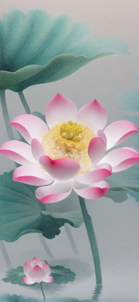 粉白莲花盛放黄蕊青叶水墨禅意古风手机壁纸