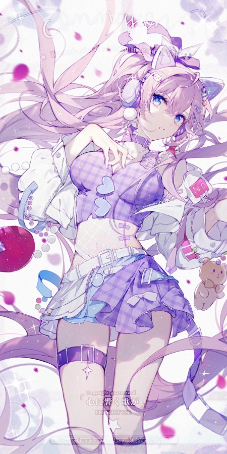 粉发蓝眼少女格子裙耳机装饰紫粉梦幻动漫手机壁纸