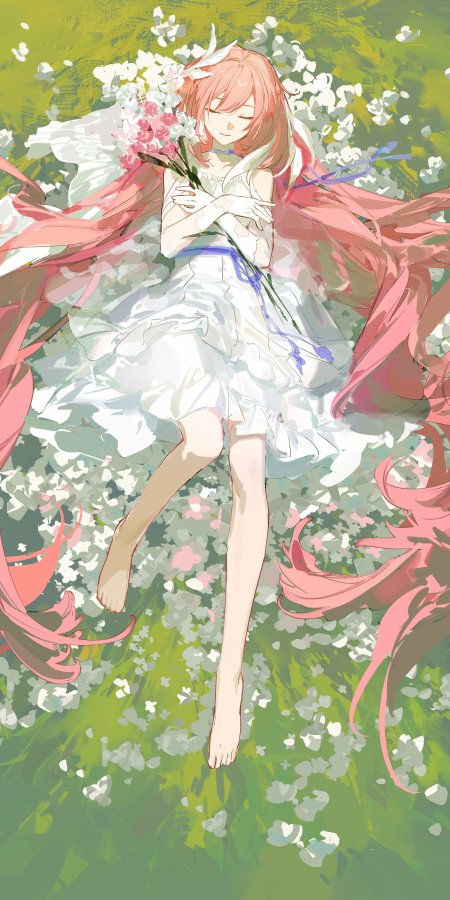 粉发少女怀抱花束躺卧花海绿白清新动漫手机壁纸