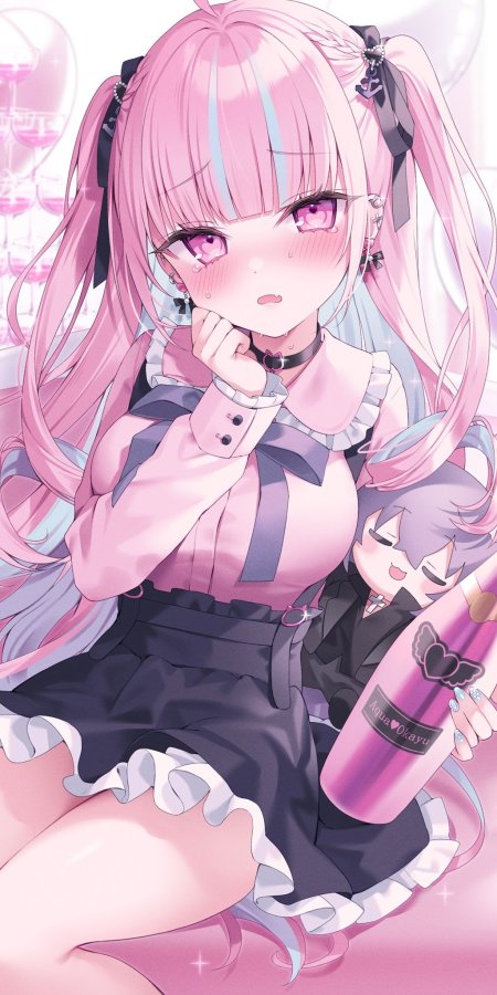 粉色双马尾少女手持饮料瓶粉紫动漫手机壁纸
