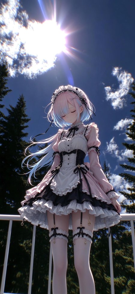粉蓝渐变长发少女闭眼微笑白黑蕾丝洛丽塔裙装动漫手机壁纸