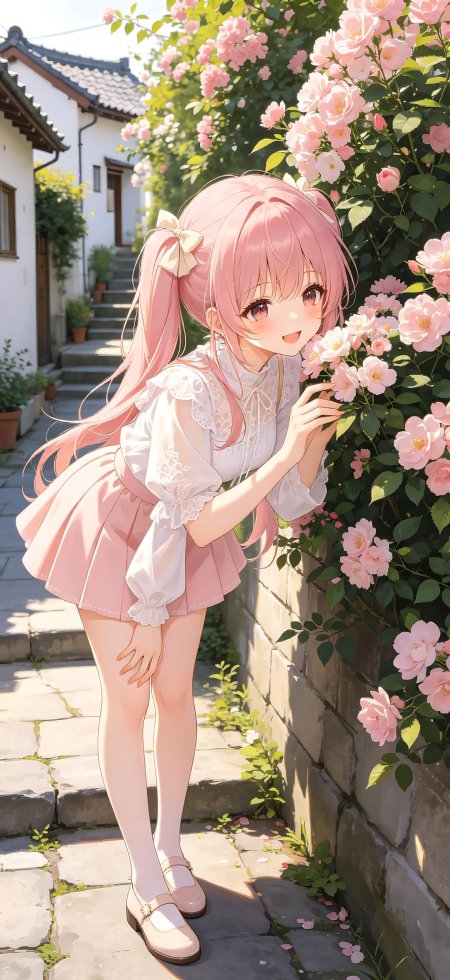 粉色双马尾少女轻嗅蔷薇花丛粉白清新动漫手机壁纸
