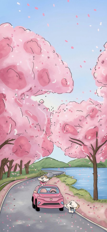粉色樱花树下小车与萌宠少女春日粉紫动漫手机壁纸