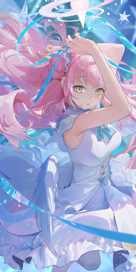 粉色长发黄瞳少女蓝白裙装飘带环绕梦幻光效动漫手机壁纸