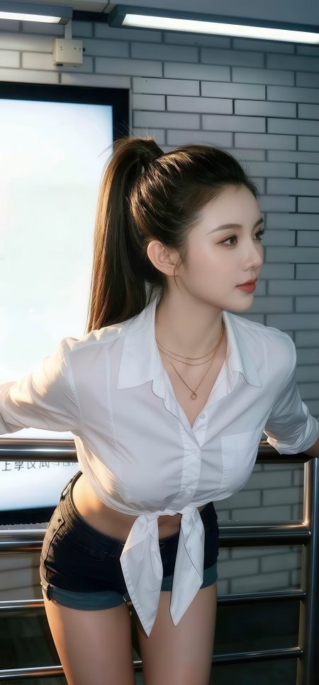 高马尾白衬衫系结短裤美女暖光人物摄影手机壁纸