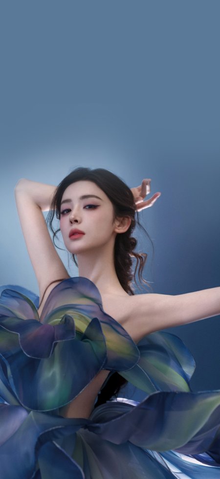 古力娜扎长发蓝绿渐变纱裙优雅姿态蓝调明星摄影手机壁纸