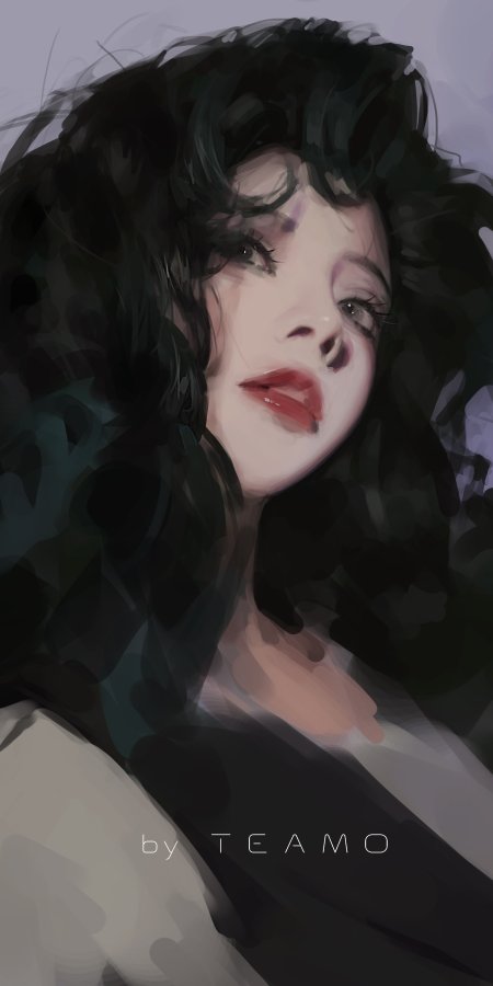 黑发红唇少女侧颜凝视暗紫灰调动漫手机壁纸