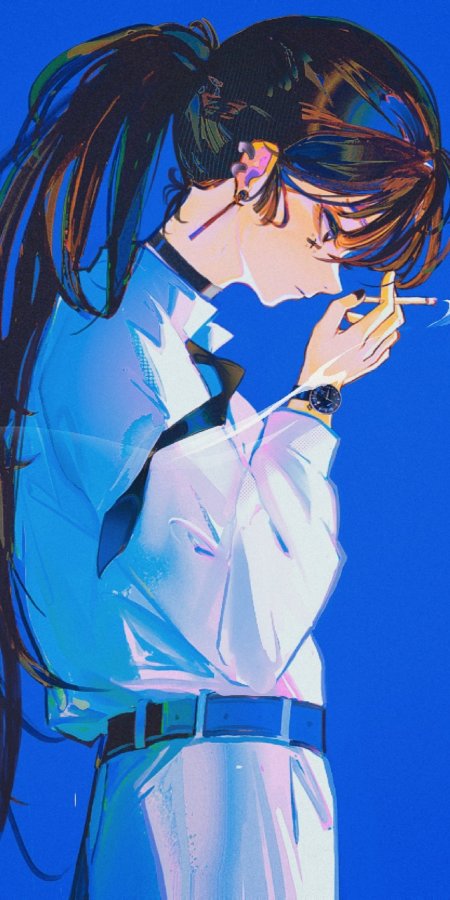 黑发马尾少女白衬衫蓝调侧颜抽烟蓝紫动漫手机壁纸