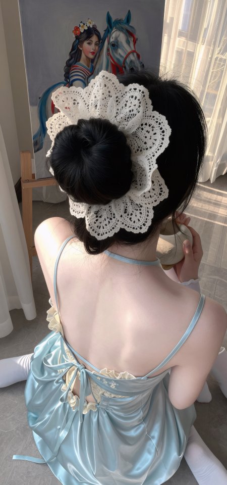 黑发美女后背视角浅蓝丝质吊带裙配白色蕾丝发饰人物摄影手机壁纸