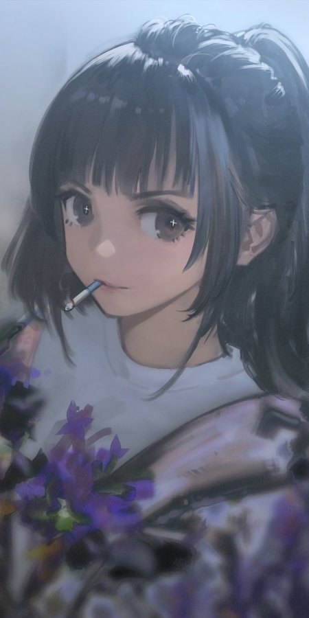 黑发双马尾少女叼烟紫花背景灰蓝动漫手机壁纸