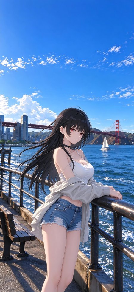 黑长直红瞳少女倚栏金门大桥蓝海背景动漫手机壁纸