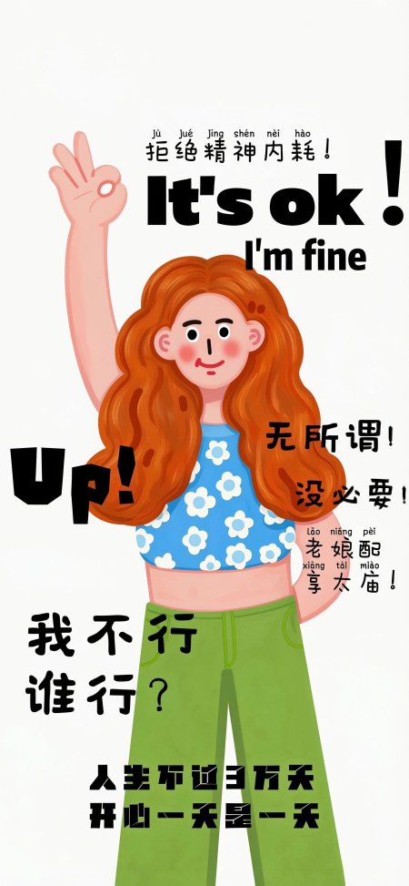 红发少女举手比OK蓝花上衣绿裤自信微笑粉绿清新插画创意手机壁纸