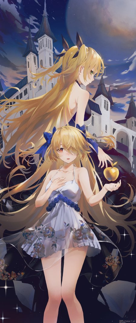 金发双马尾少女与黑衣少女持金苹果夜景城堡动漫手机壁纸