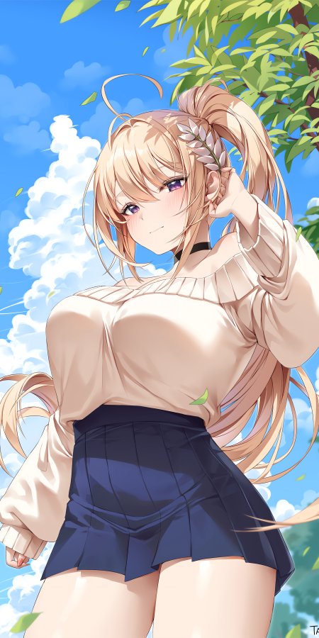 金发双马尾紫瞳少女树荫下微笑蓝白清新动漫手机壁纸