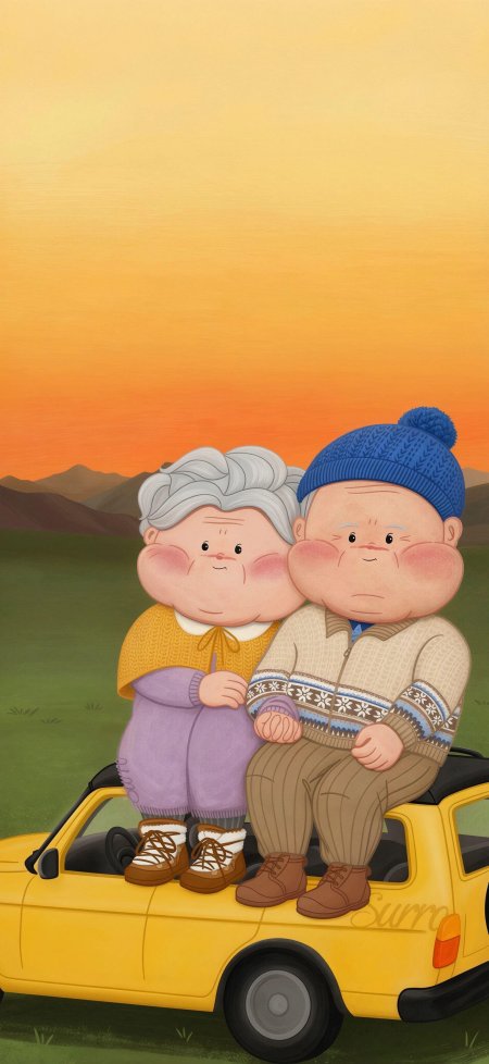 卡通老爷爷老奶奶坐黄色小车夕阳下温馨卡通插画 手机壁纸