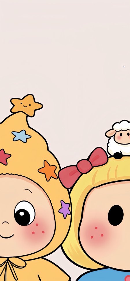卡通小女孩戴星星帽与小羊伙伴粉嫩可爱萌系卡通手机壁纸