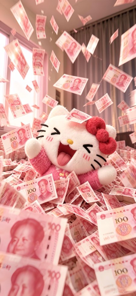 凯特猫张嘴欢笑飘落百元人民币金钱静物特写手机壁纸