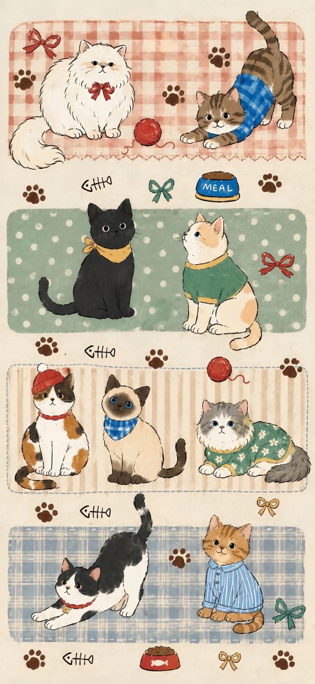 可爱猫猫合集毛茸茸穿衣服萌宠插画卡通手机壁纸