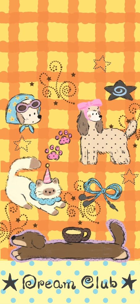 可爱小狗小猫派对插画橙黄格子背景萌宠卡通手机壁纸