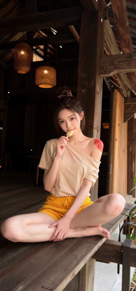 美女盘发吃冰棍暖棕木质风人物摄影手机壁纸
