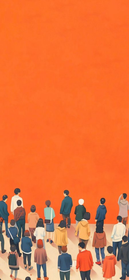 人群背影仰望橙色天空插画动漫手机壁纸