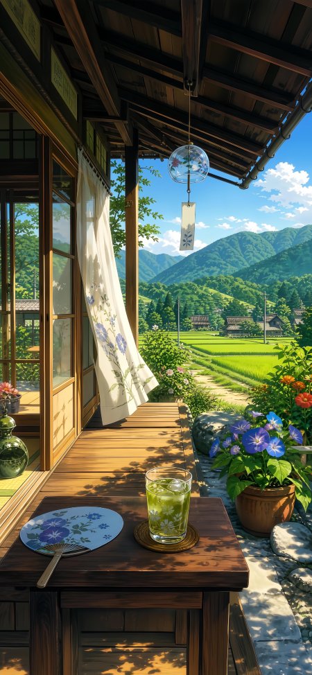 日式木屋庭院绿野山川蓝白花卉清新插画手机壁纸