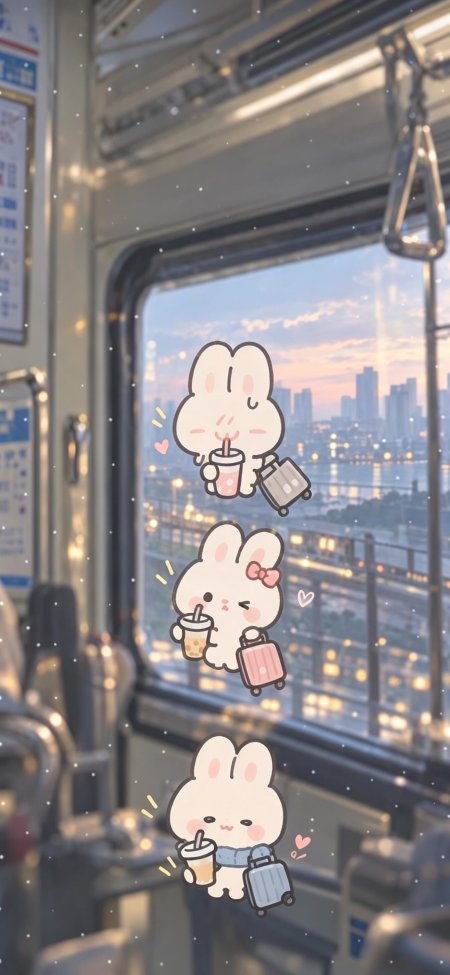 三只可爱兔子乘车旅行手持奶茶拉杆箱粉蓝温馨动漫手机壁纸