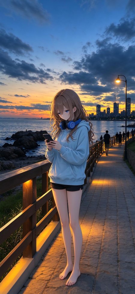 少女海边步道看手机蓝白暖金动漫手机壁纸