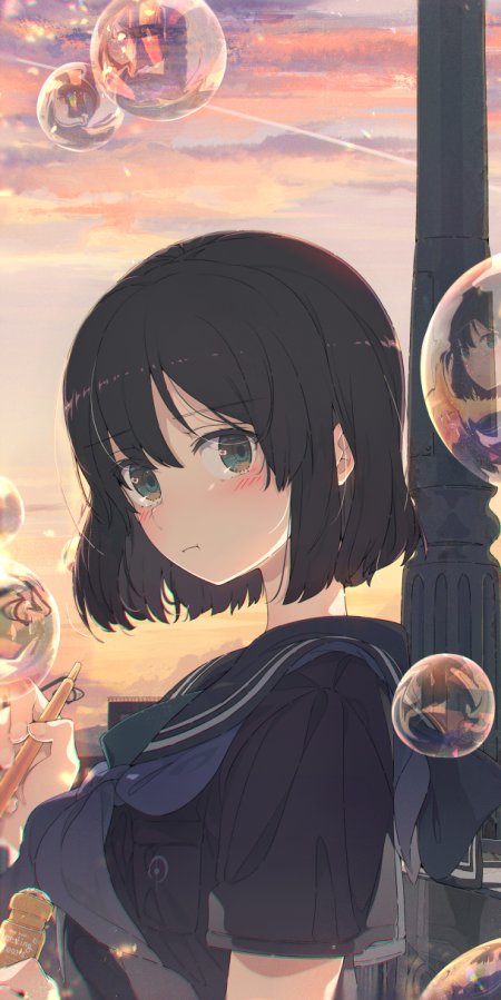 少女黑短发绿眼水手服粉橙黄昏背景唯美动漫手机壁纸