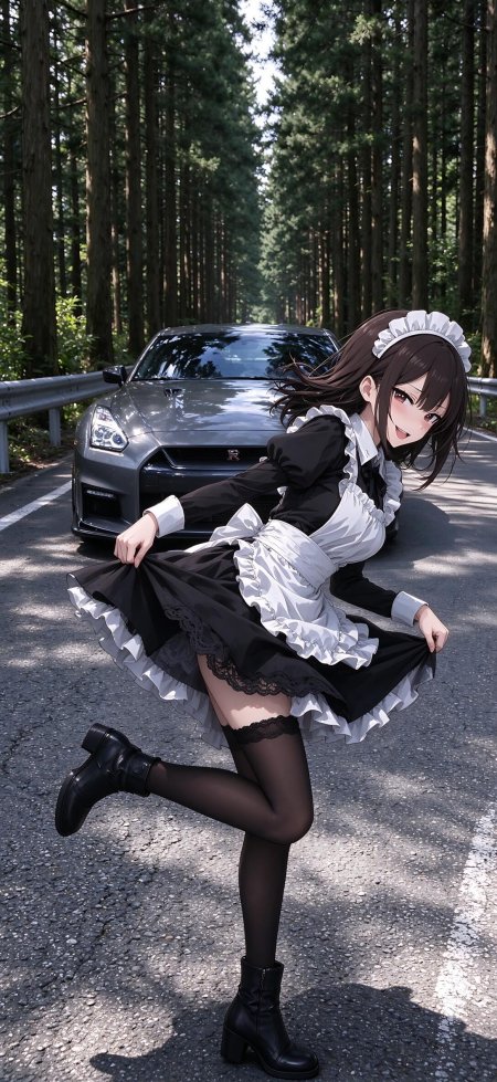 少女女仆装提裙跳跃灰黑跑车森林公路动漫手机壁纸