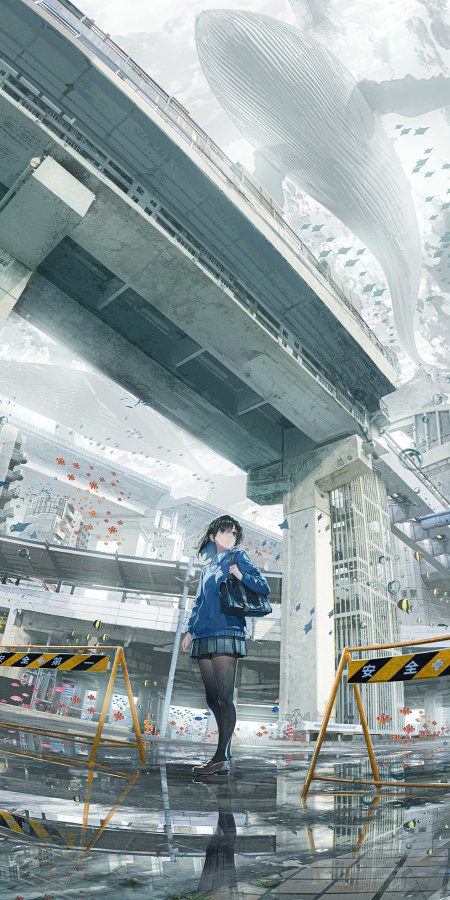 少女蓝衣黑裙立于废墟高架桥下巨鲸悬浮空中灰蓝奇幻手机壁纸