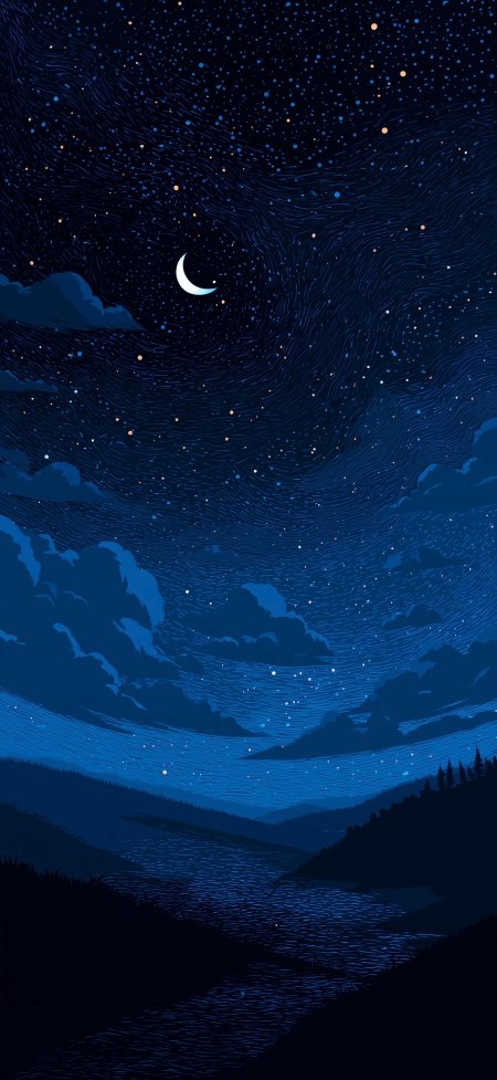 深蓝夜空弯月繁星流动云层山河剪影暗蓝唯美插画手机壁纸