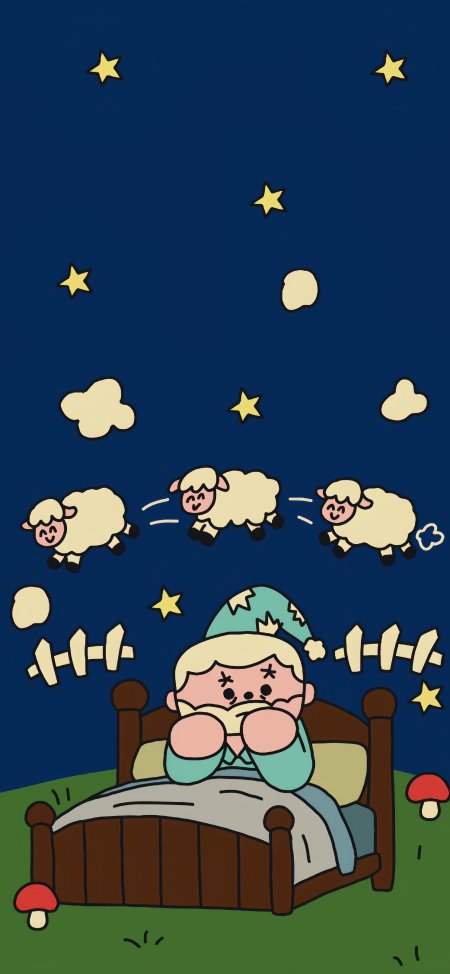 失眠小孩数羊夜空星星蓝绿卡通插画创意手机壁纸