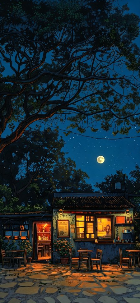 深夜树影掩映小屋暖光满溢蓝夜星空动漫手机壁纸