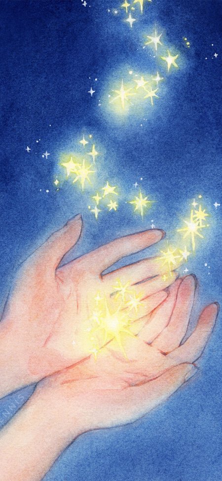 双手捧星光闪烁梦幻蓝金创意插画手机壁纸