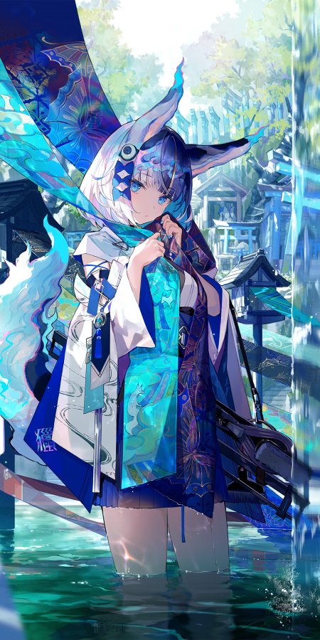 藤原原创插画《幽禅流し》蓝白和风少女水元素特效动漫手机壁纸