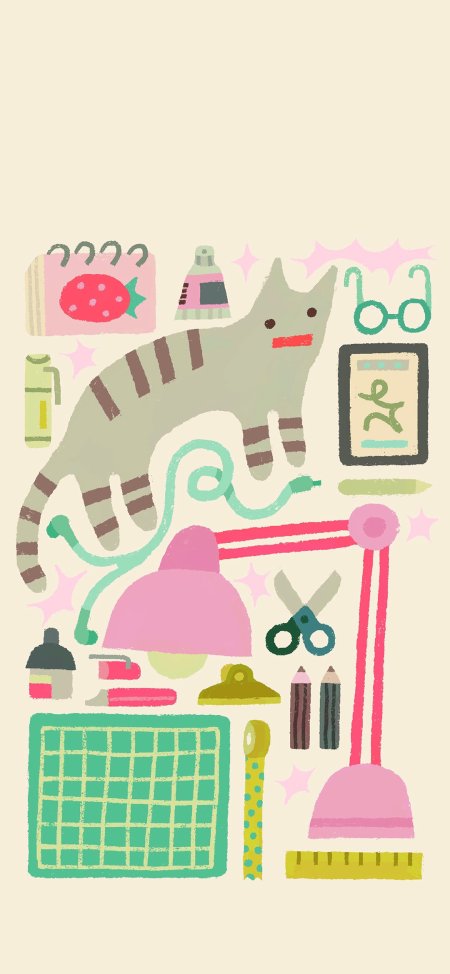 条纹猫与文具手账插画粉绿清新创意插画手机壁纸