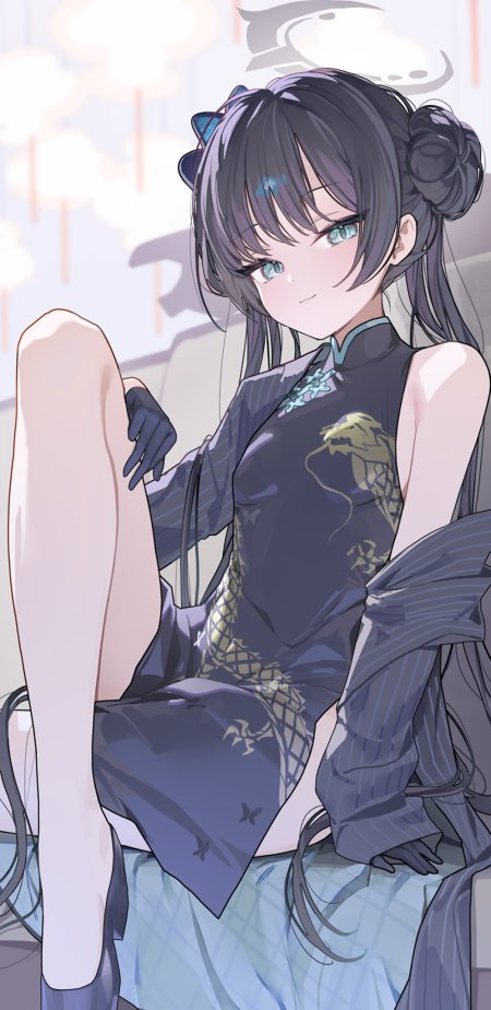 蔚蓝档案龙华妃咲少女旗袍蓝金古风动漫手机壁纸