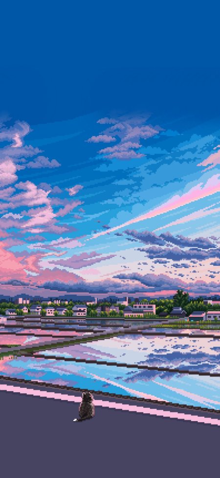像素风田园水田小镇黄昏蓝粉天空插画手机壁纸