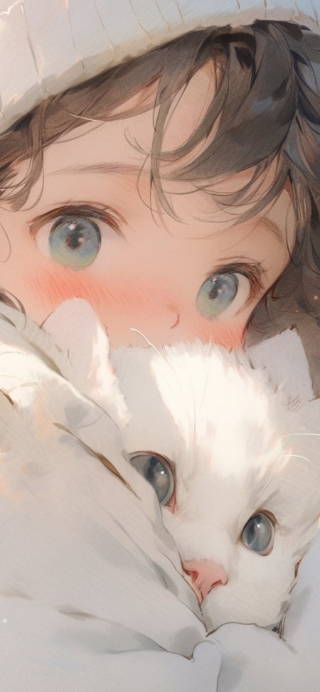 小女孩抱着白猫蓝眸脸颊泛红暖白动漫手机壁纸